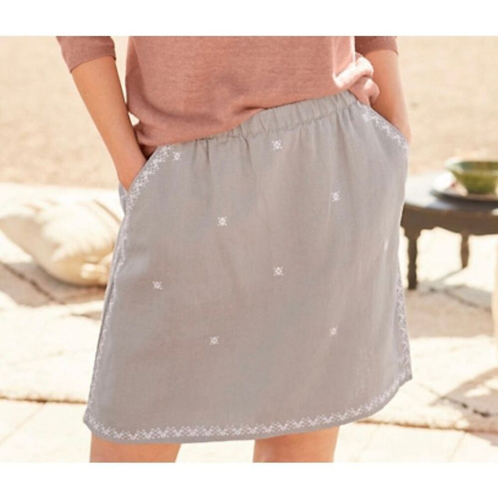 Garnet Hill NWT 100% linen embroidered grey skirt size 14